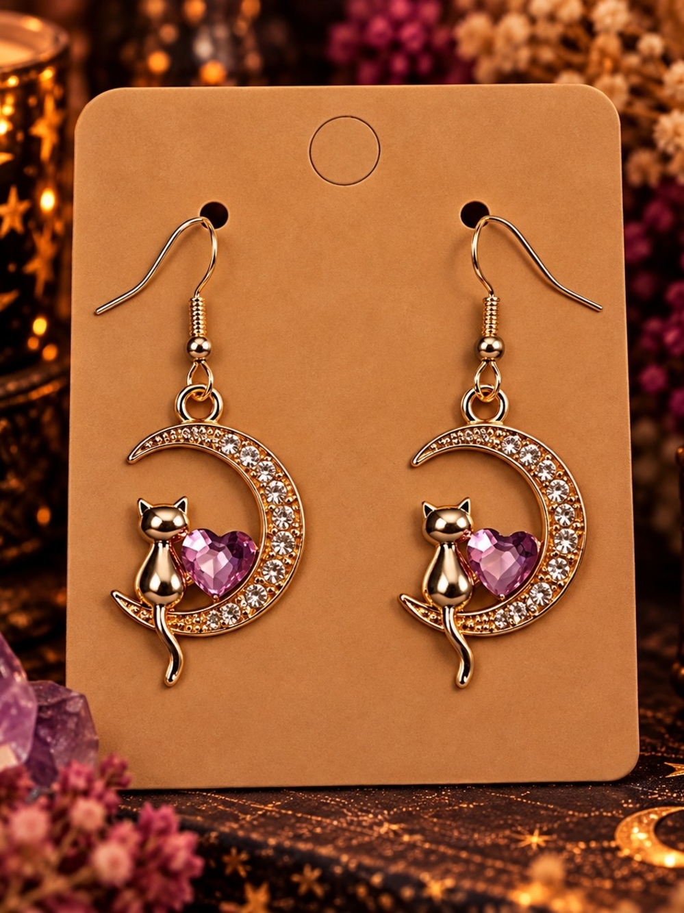 Gold Tone Metal Cat Crescent Moon Earrings with Pink Heart & Rhinrstone Crystals